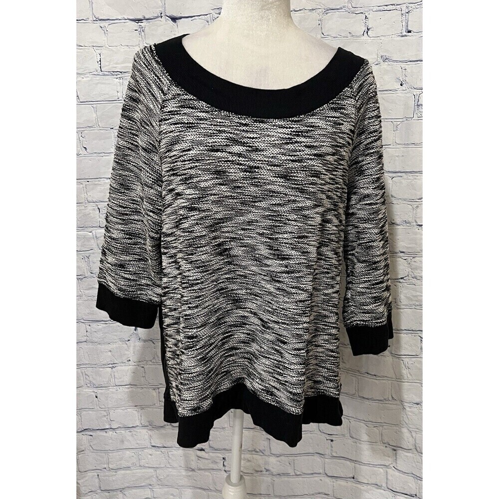 Chico's Zenergy Sz 3/16/18 Black White Boat Neck 3/4 Sleeve Tunic Top Zip Back